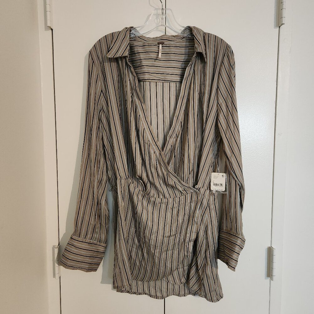 Free People Long Sleeve Striped Wrap Tunic in Beige, Black, White